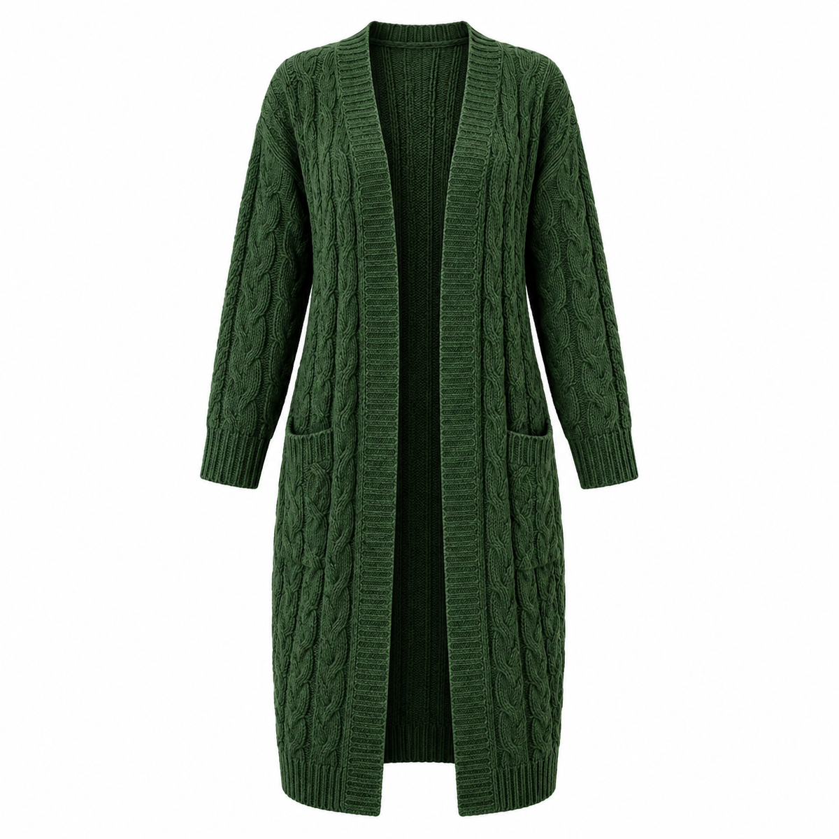 Hedda Cardigan — Long Cable Knit — Green — product on white background — en-p21-m16