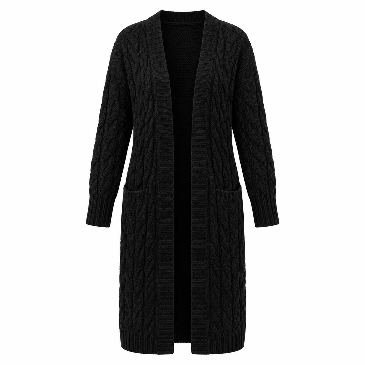 Hedda Cardigan — Long Cable Knit — Black — product on white background — en-p21-m17