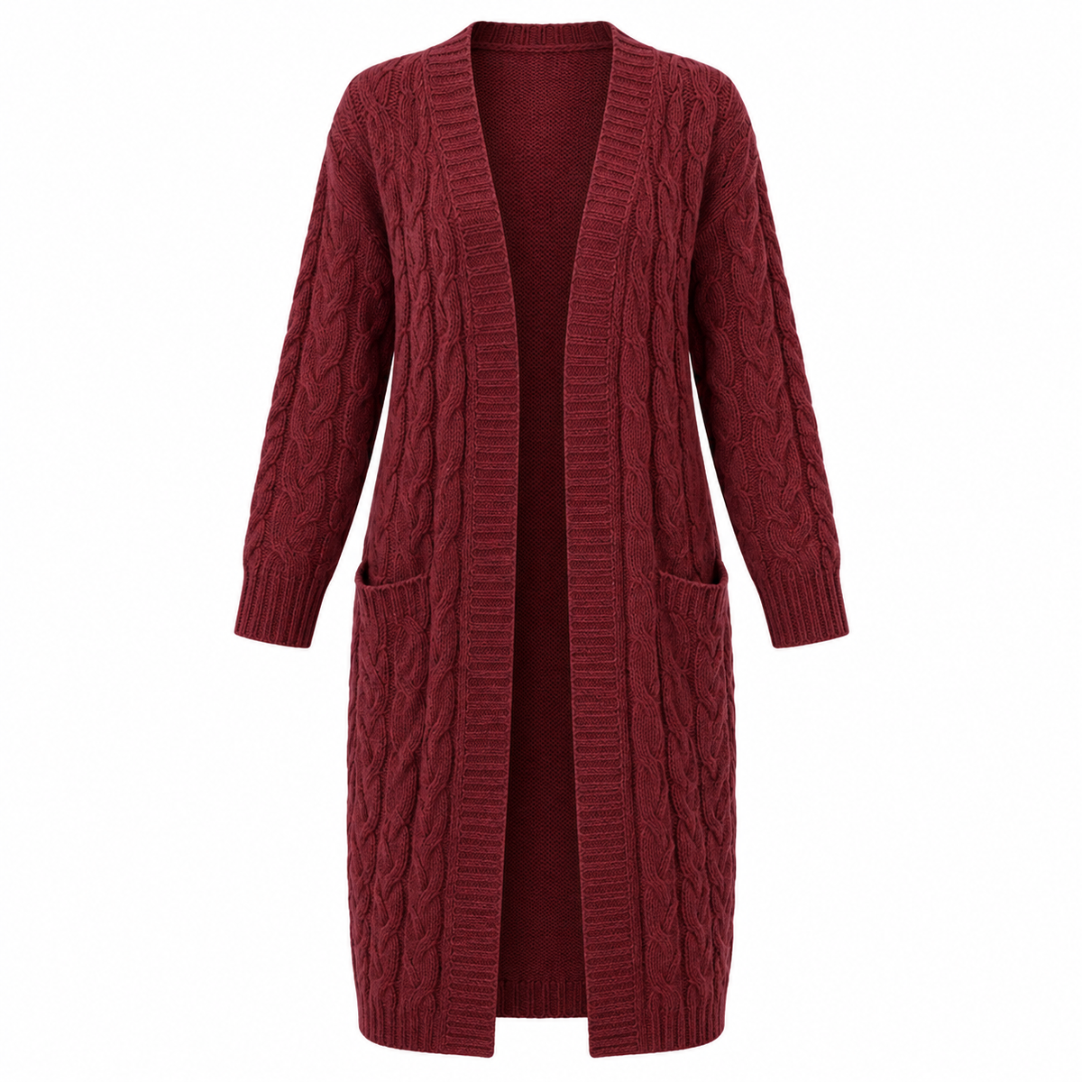 Hedda Cardigan — Long Cable Knit — Burgundy — product on white background — en-p21-m18