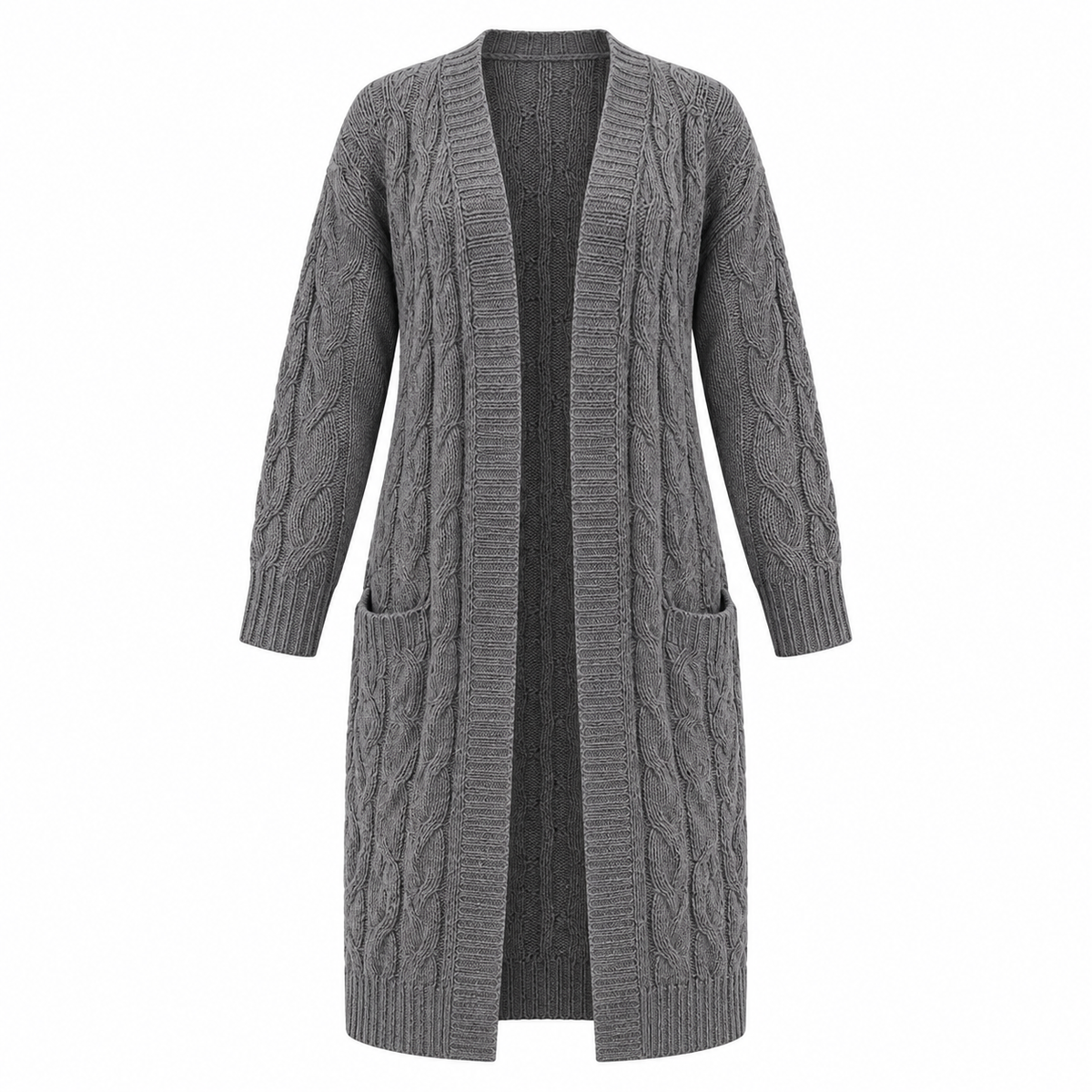Hedda Cardigan — Long Cable Knit — Grey — product on white background — en-p21-m19