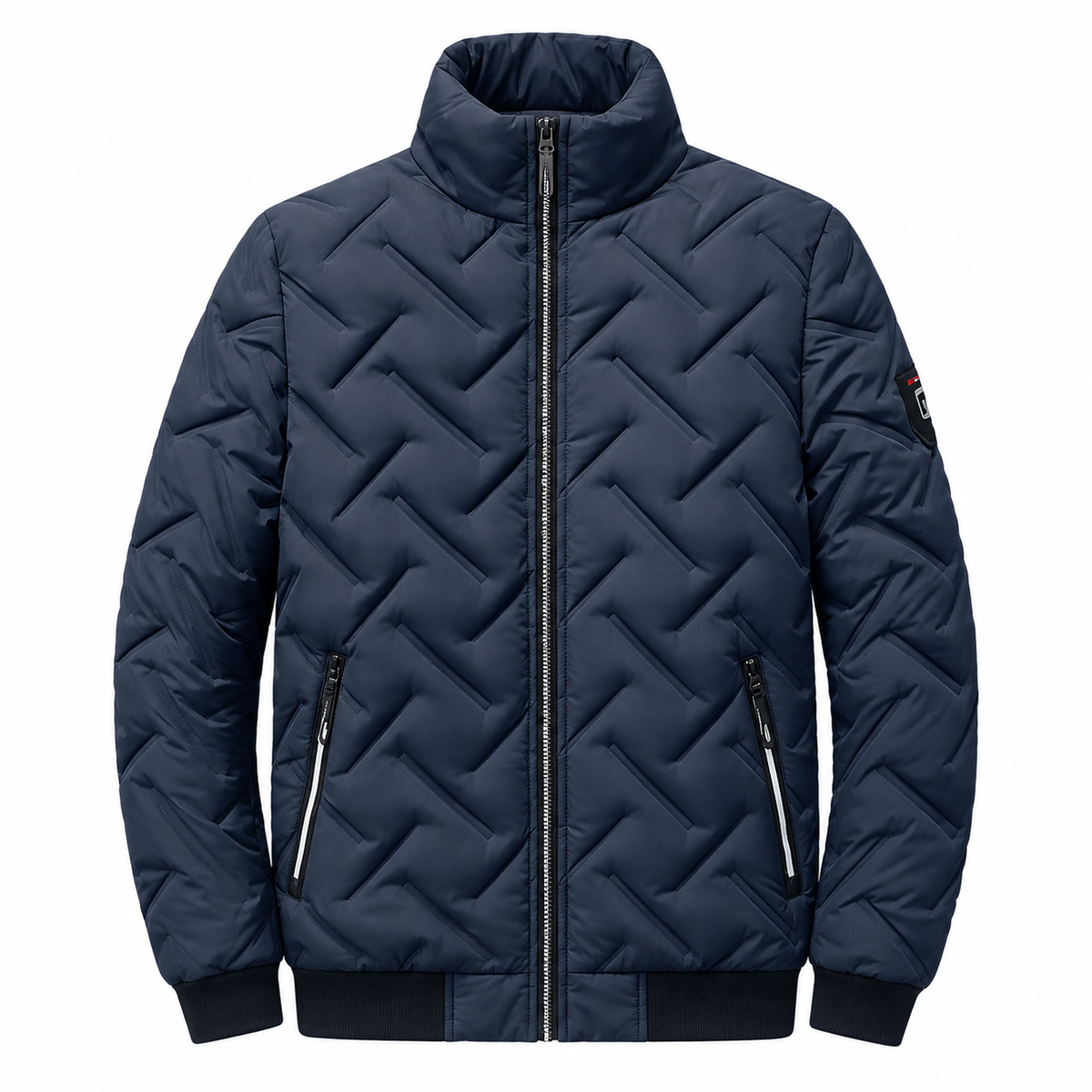 Lars Jacket — Graphic Quilting — Navy Blue — product on white background — en-p34-m12