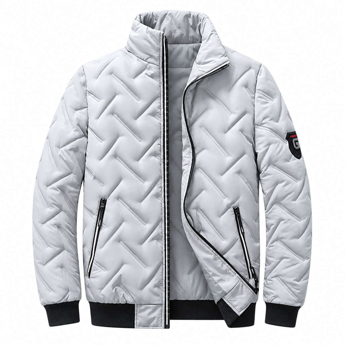 Lars Jacket — Graphic Quilting — Grey — product on white background — en-p34-m14