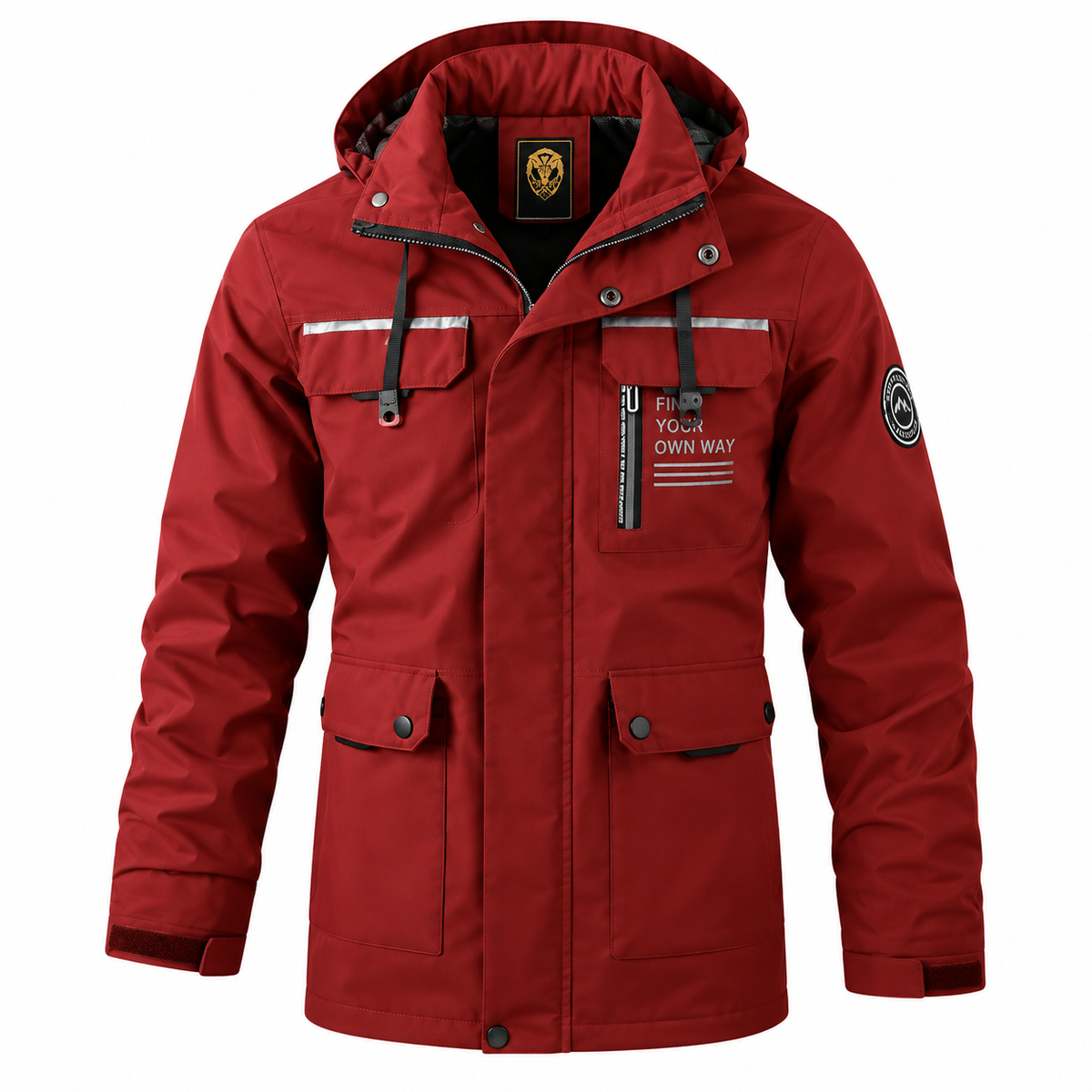 Mikkel Jacket — Hooded — Red — product on white background — en-p35-m14