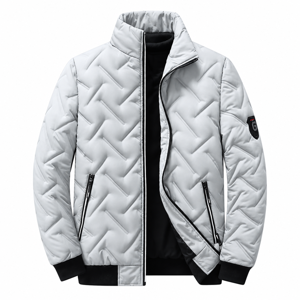 Leif Quilted Jacket — Graphic Stitching — Grey — product on white background — en-p37-m11