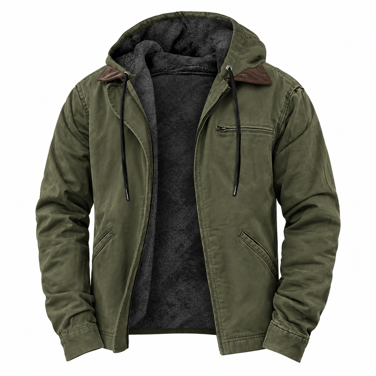 Ruben Hooded Jacket — Textured Lining — Green — product on white background — en-p38-m10