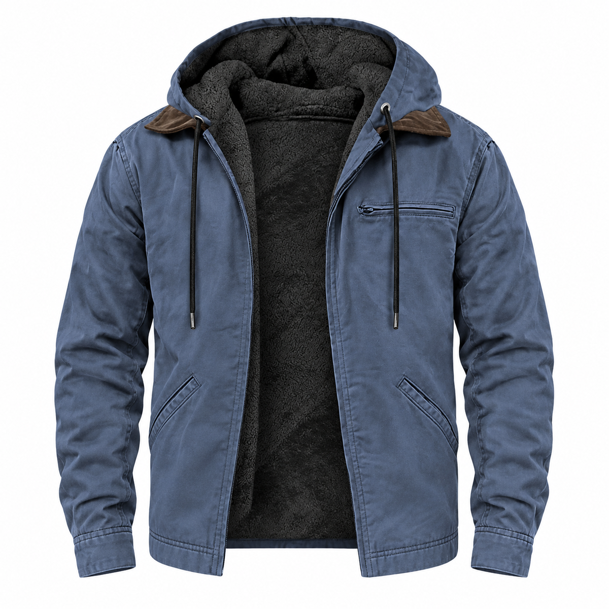 Ruben Hooded Jacket — Textured Lining — Blue — product on white background — en-p38-m11