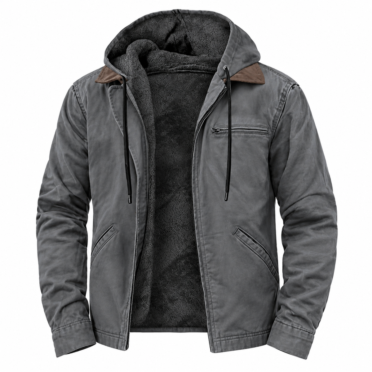 Ruben Hooded Jacket — Textured Lining — Grey — product on white background — en-p38-m12