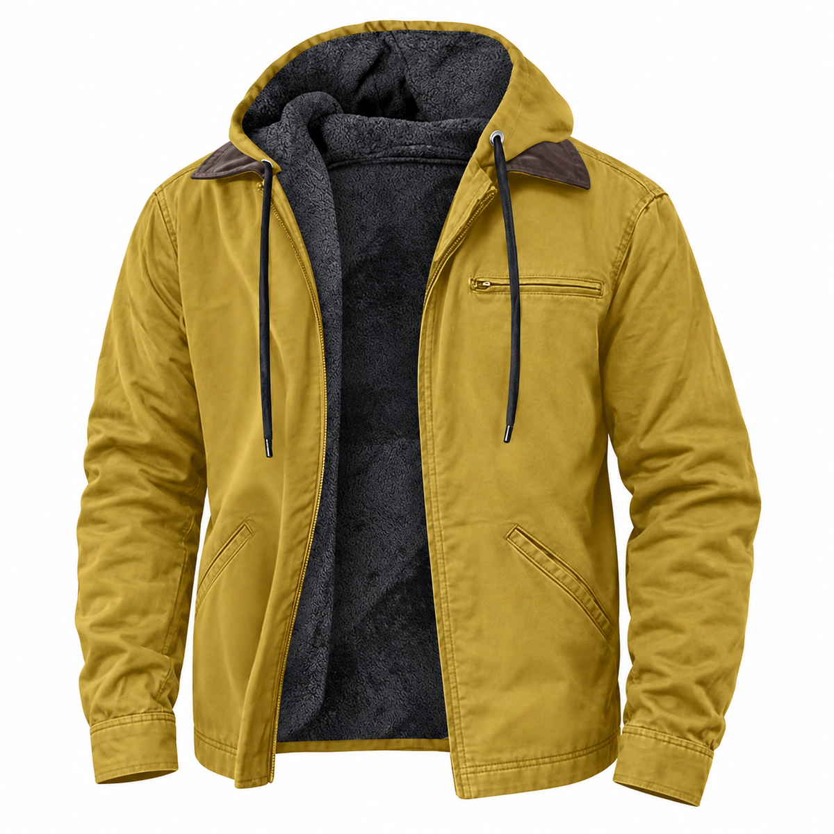 Ruben Hooded Jacket — Textured Lining — Yellow — product on white background — en-p38-m15