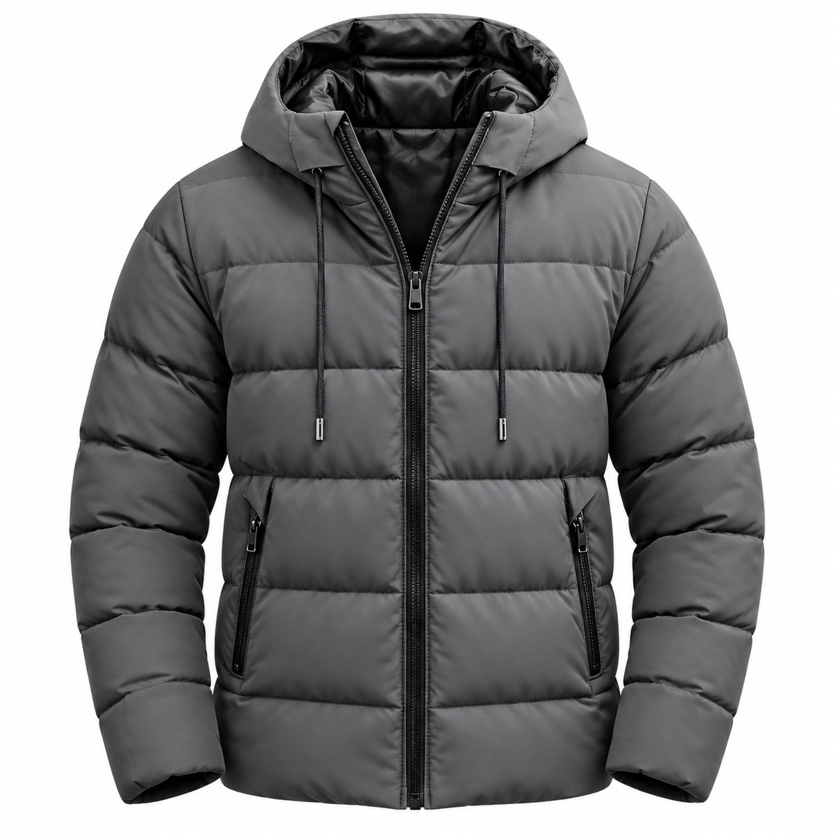 Nils Hooded Jacket — Horizontal Quilting — Grey — product on white background — en-p39-m8