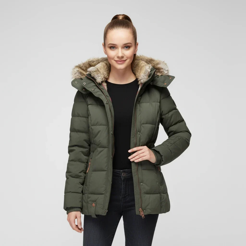 Women's Quilted Puffer Jacket with Hood and Faux Fur Trim