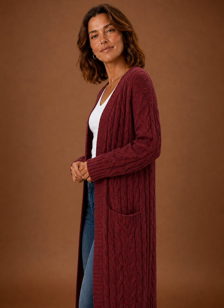 Women's Chunky Cable Knit Hooded Long Cardigan Duster