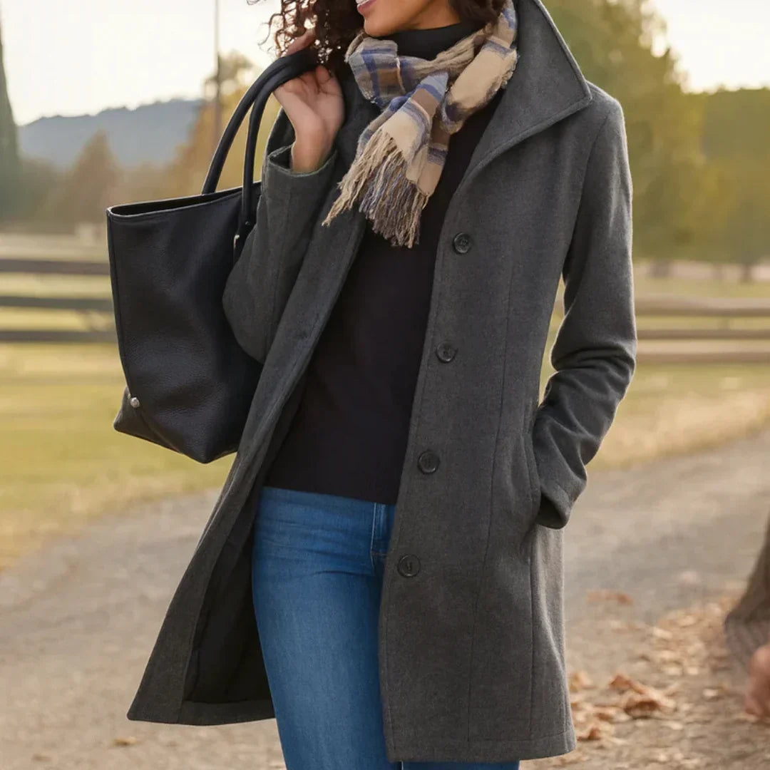 Women's Long Sleeve Button Front Peacoat in Wool Blend