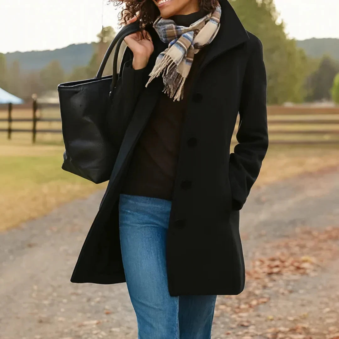 Women's Long Sleeve Button Front Peacoat in Wool Blend