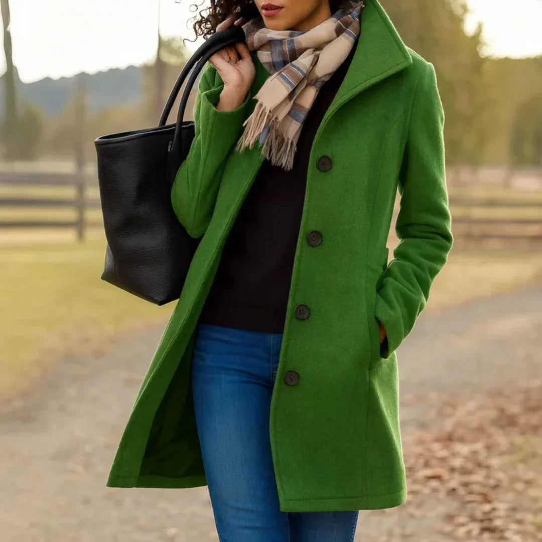 Women's Long Sleeve Button Front Peacoat in Wool Blend