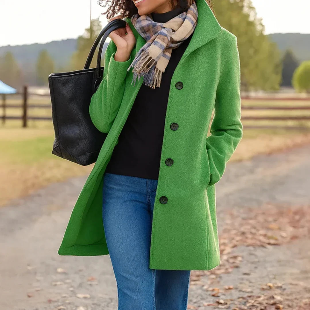 Women's Long Sleeve Button Front Peacoat in Wool Blend