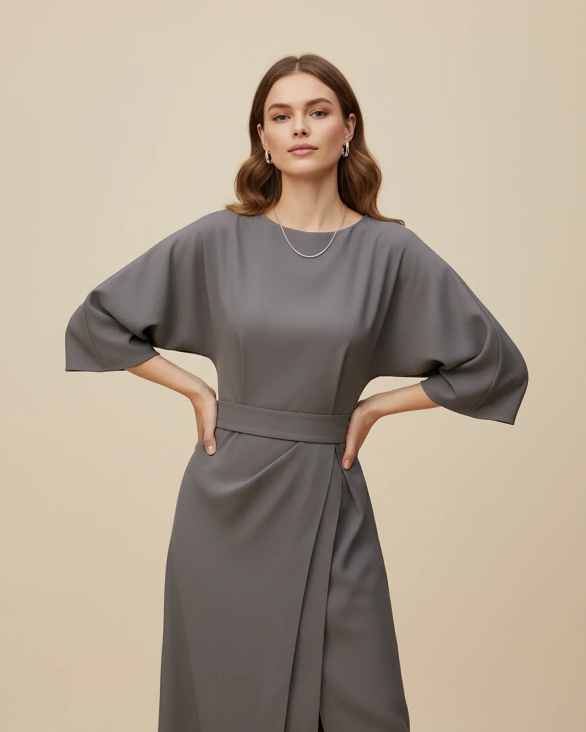 Chic Midi Dress with Puff Sleeves and Wrap Design