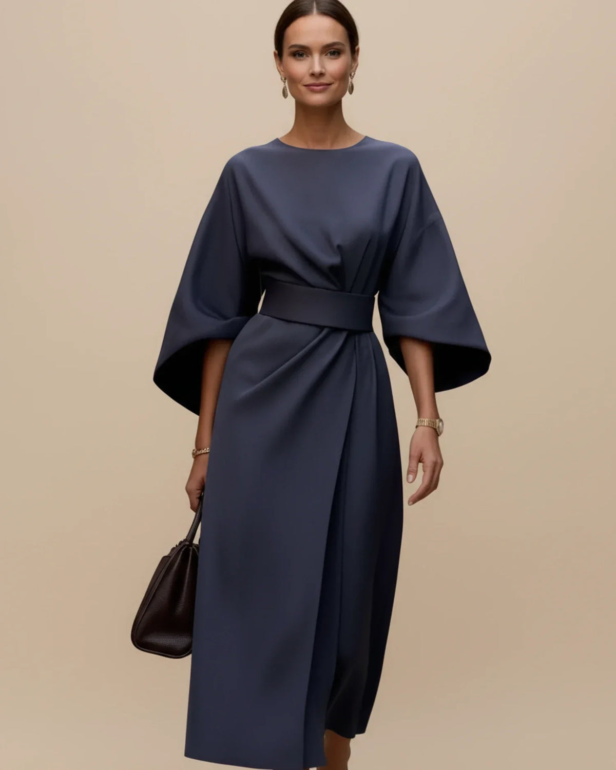 Chic Midi Dress with Puff Sleeves and Wrap Design