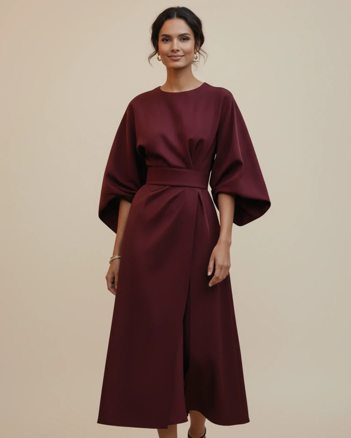 Chic Midi Dress with Puff Sleeves and Wrap Design