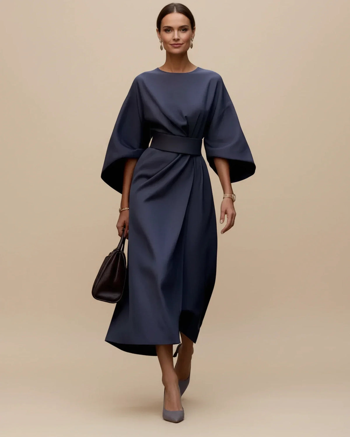 Chic Midi Dress with Puff Sleeves and Wrap Design