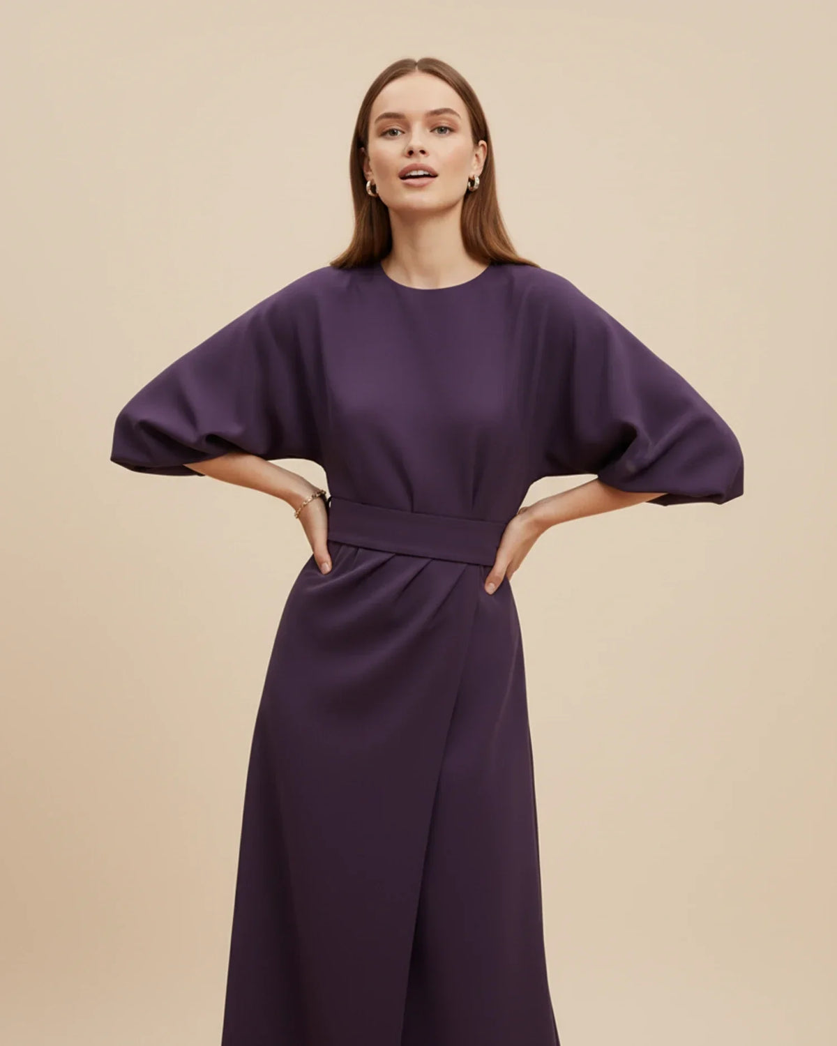 Chic Midi Dress with Puff Sleeves and Wrap Design