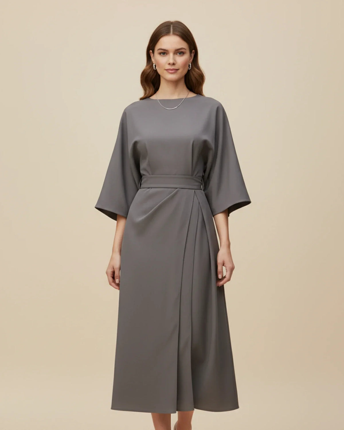 Chic Midi Dress with Puff Sleeves and Wrap Design