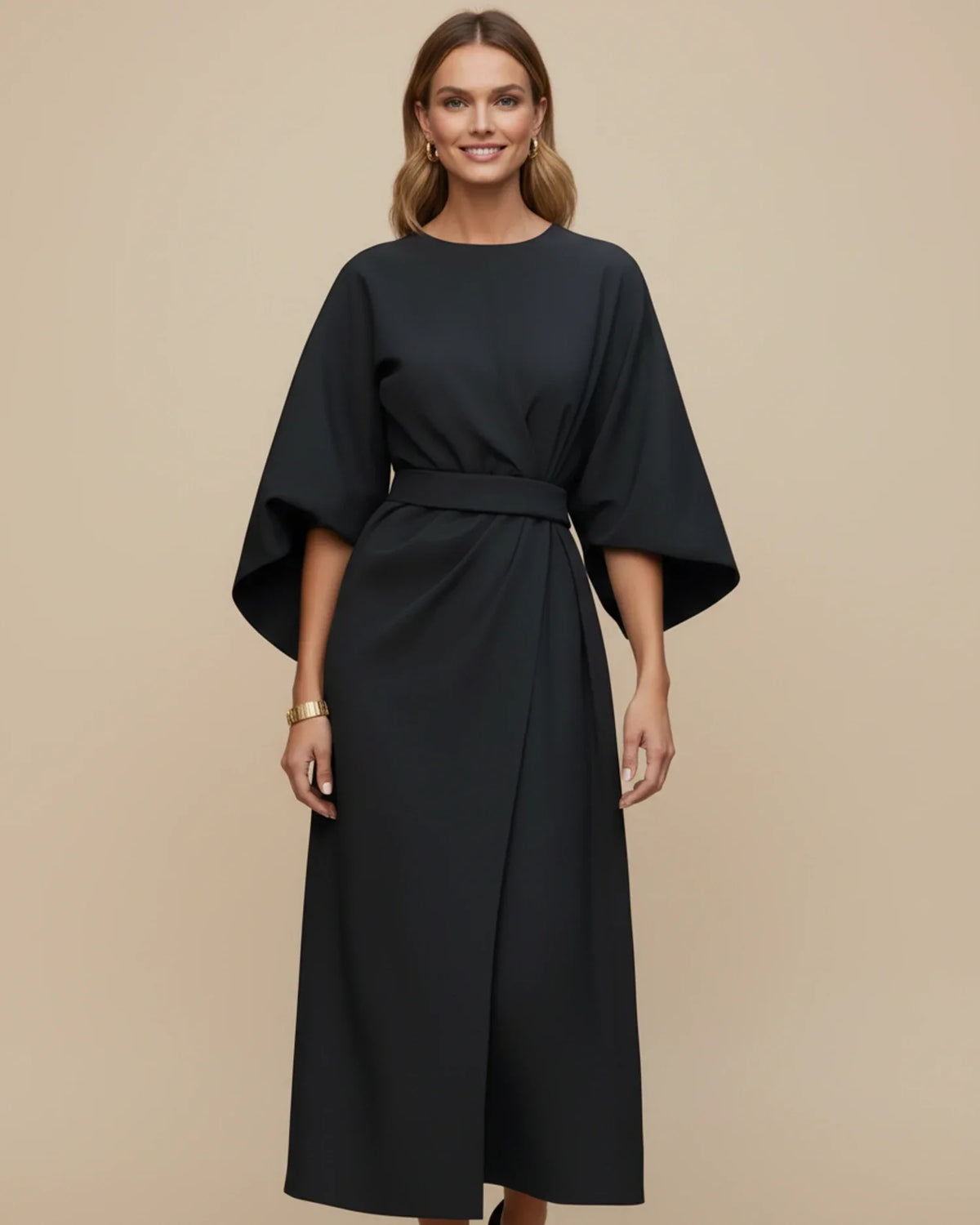 Chic Midi Dress with Puff Sleeves and Wrap Design