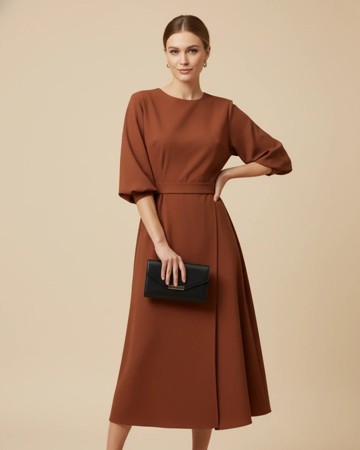 Chic Midi Dress with Puff Sleeves and Wrap Design