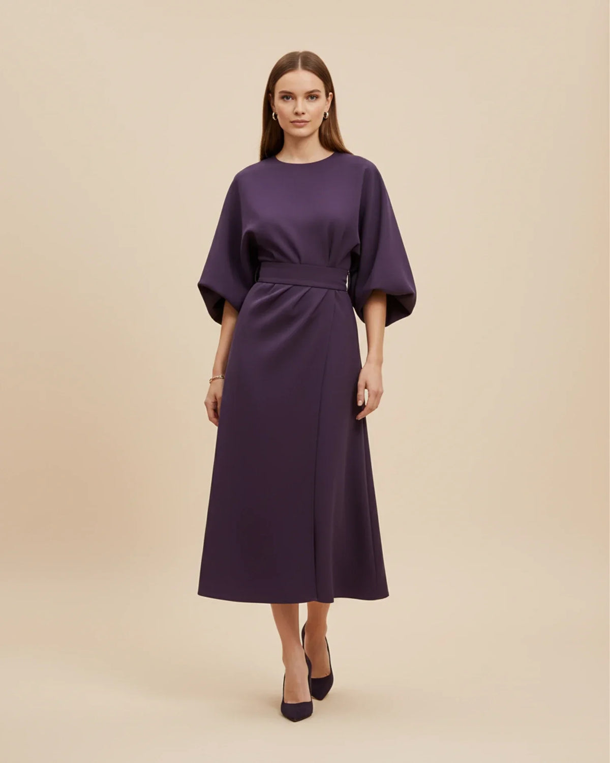Chic Midi Dress with Puff Sleeves and Wrap Design