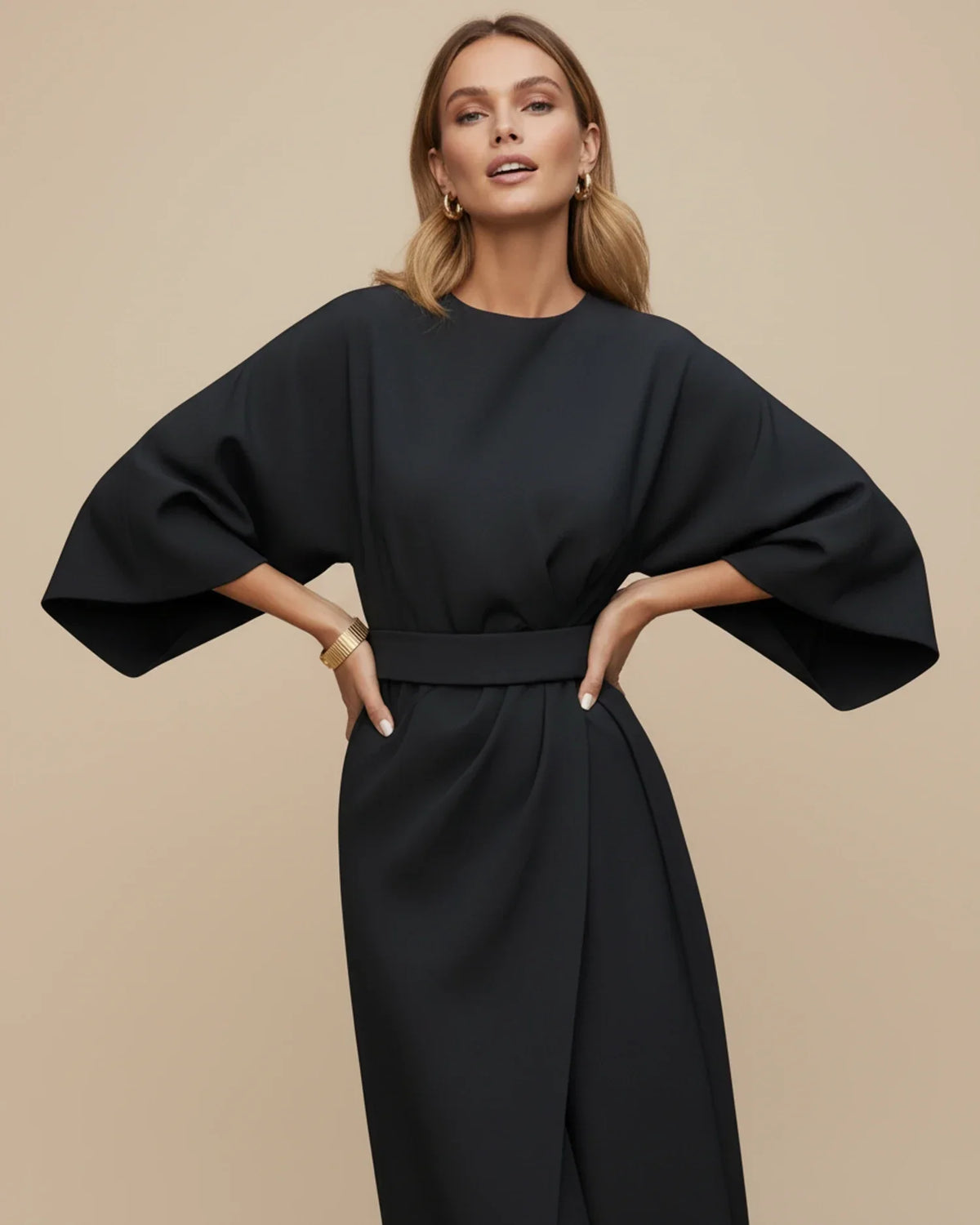 Chic Midi Dress with Puff Sleeves and Wrap Design
