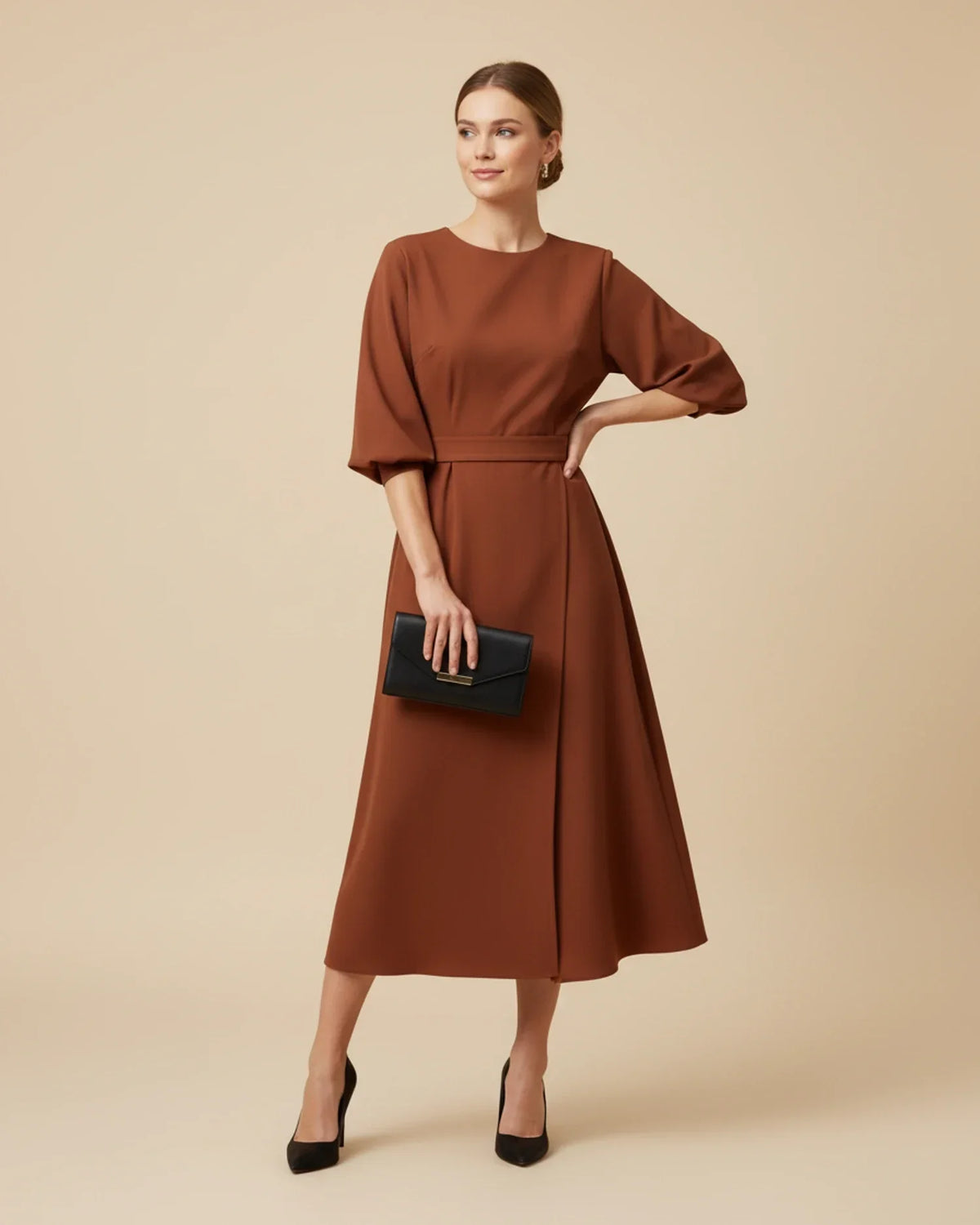 Chic Midi Dress with Puff Sleeves and Wrap Design