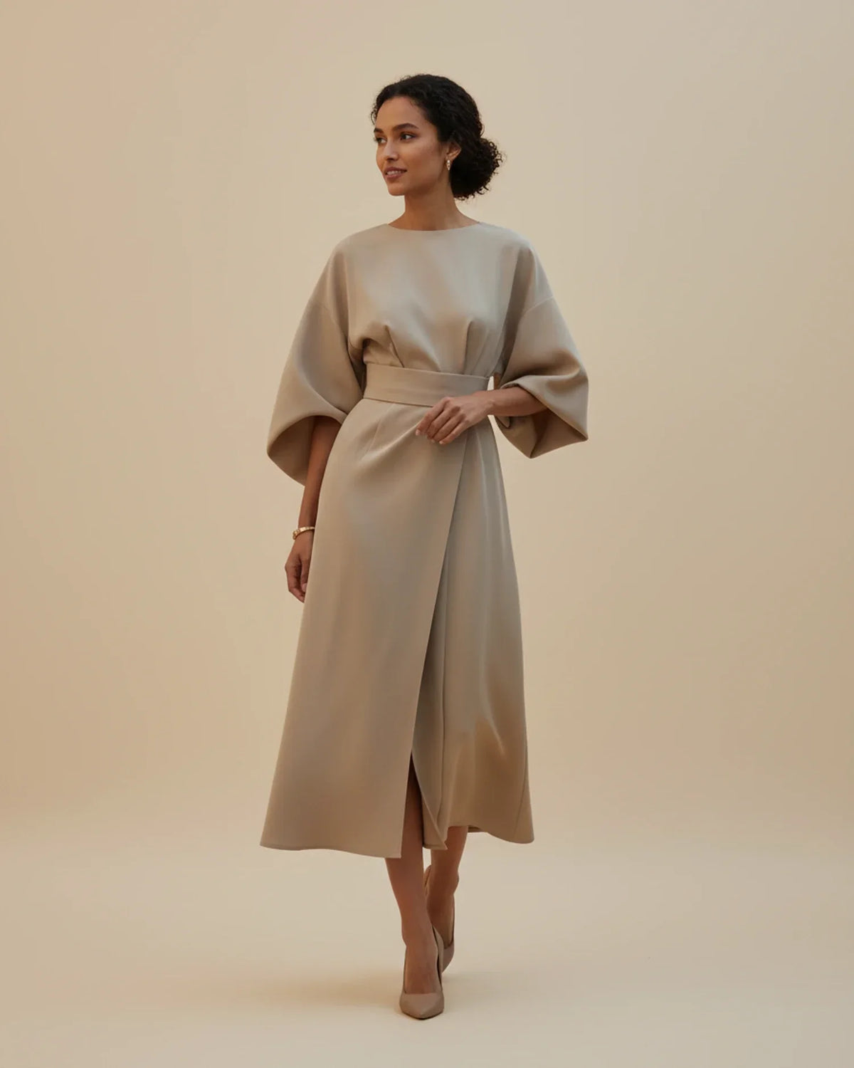 Chic Midi Dress with Puff Sleeves and Wrap Design