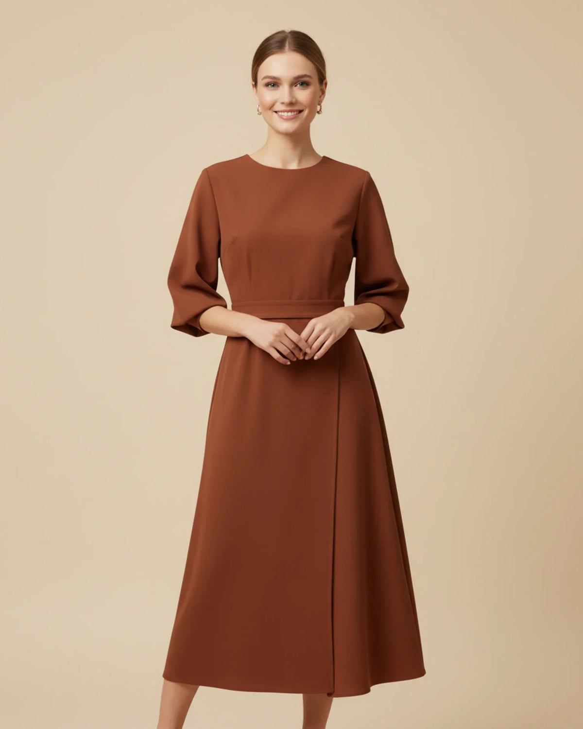 Chic Midi Dress with Puff Sleeves and Wrap Design