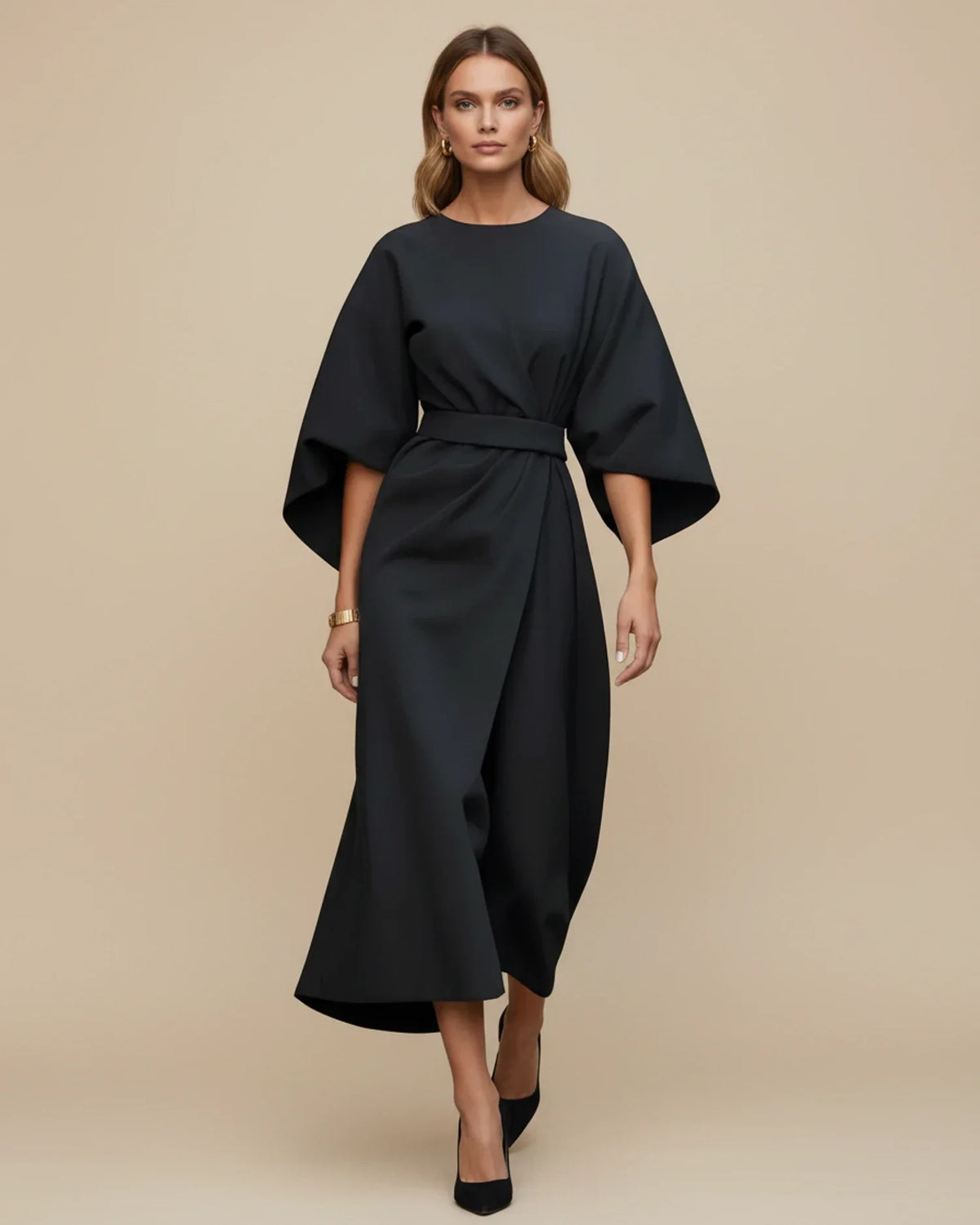 Chic Midi Dress with Puff Sleeves and Wrap Design