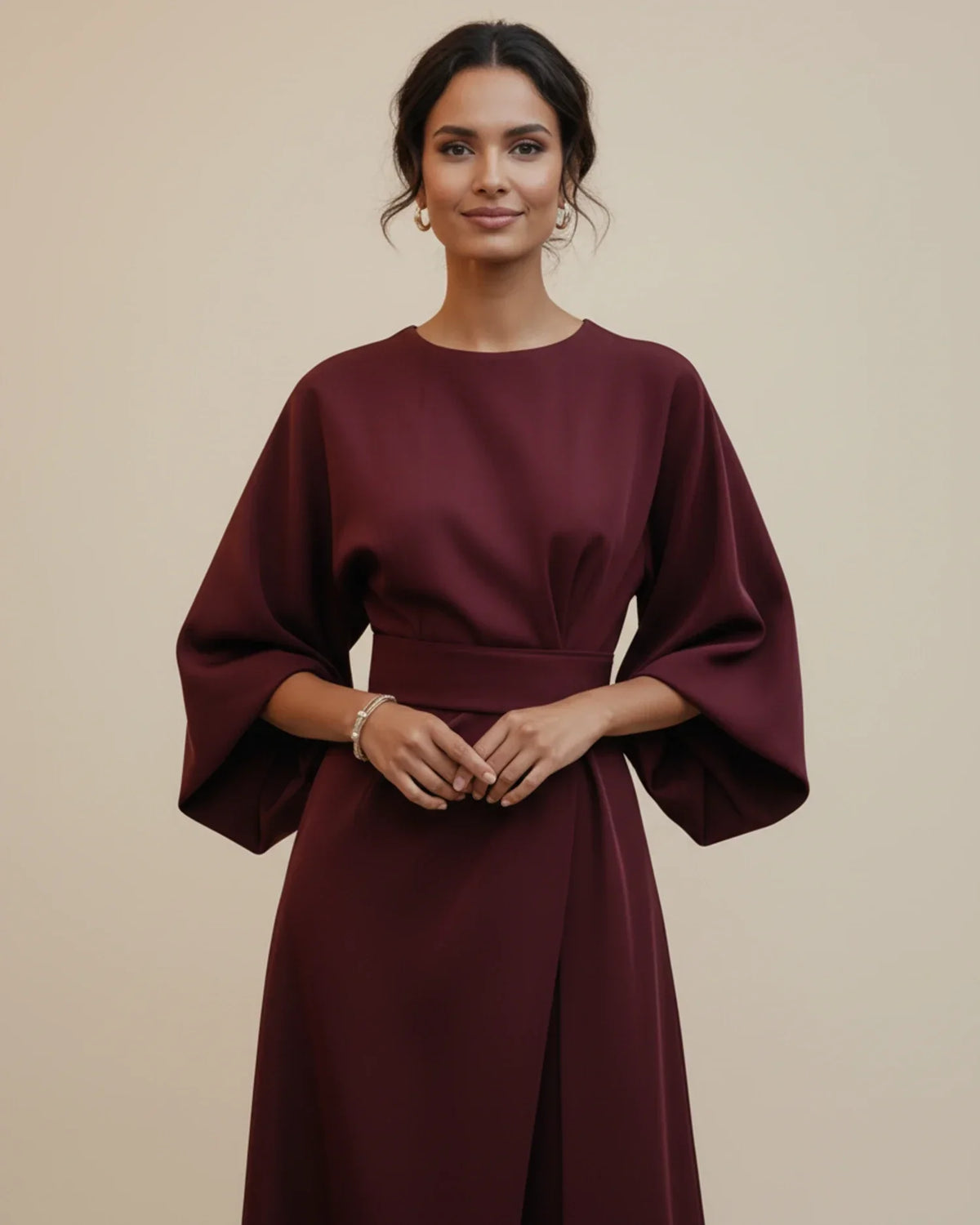 Chic Midi Dress with Puff Sleeves and Wrap Design