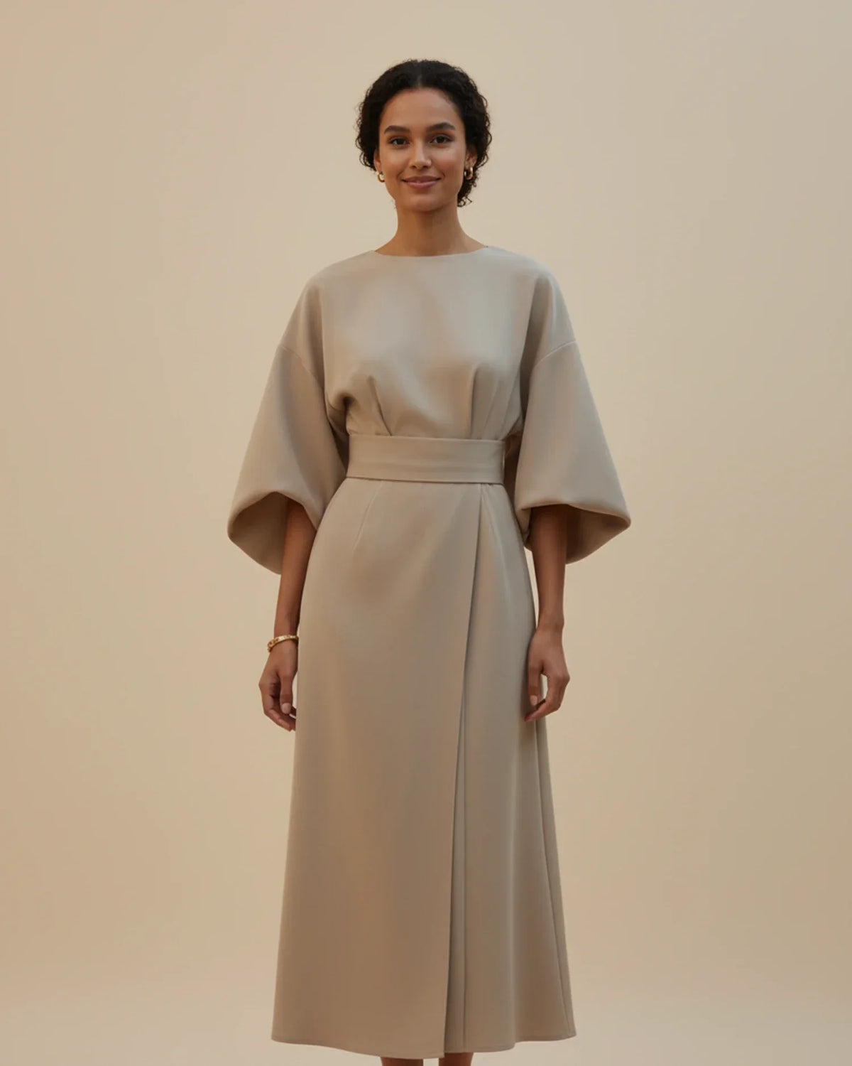 Chic Midi Dress with Puff Sleeves and Wrap Design