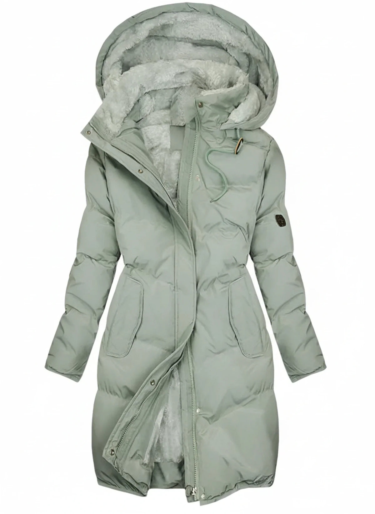 Women's Long Hooded Puffer Coat with Adjustable Drawstring Waist