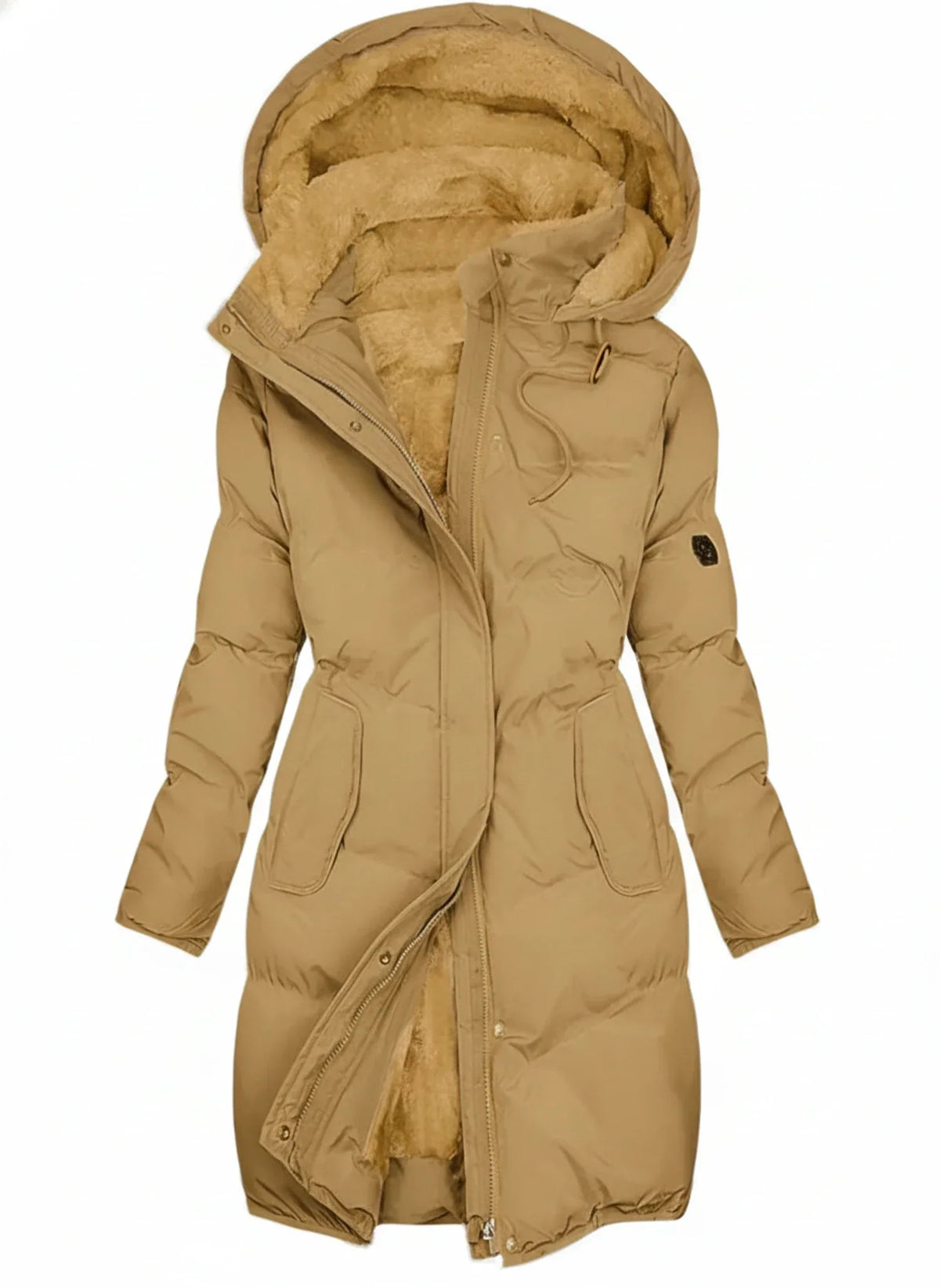Women's Long Hooded Puffer Coat with Adjustable Drawstring Waist