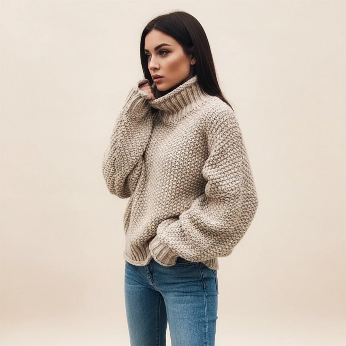 Cozy Oversized Turtleneck Sweater for Women — Chunky Knit Design