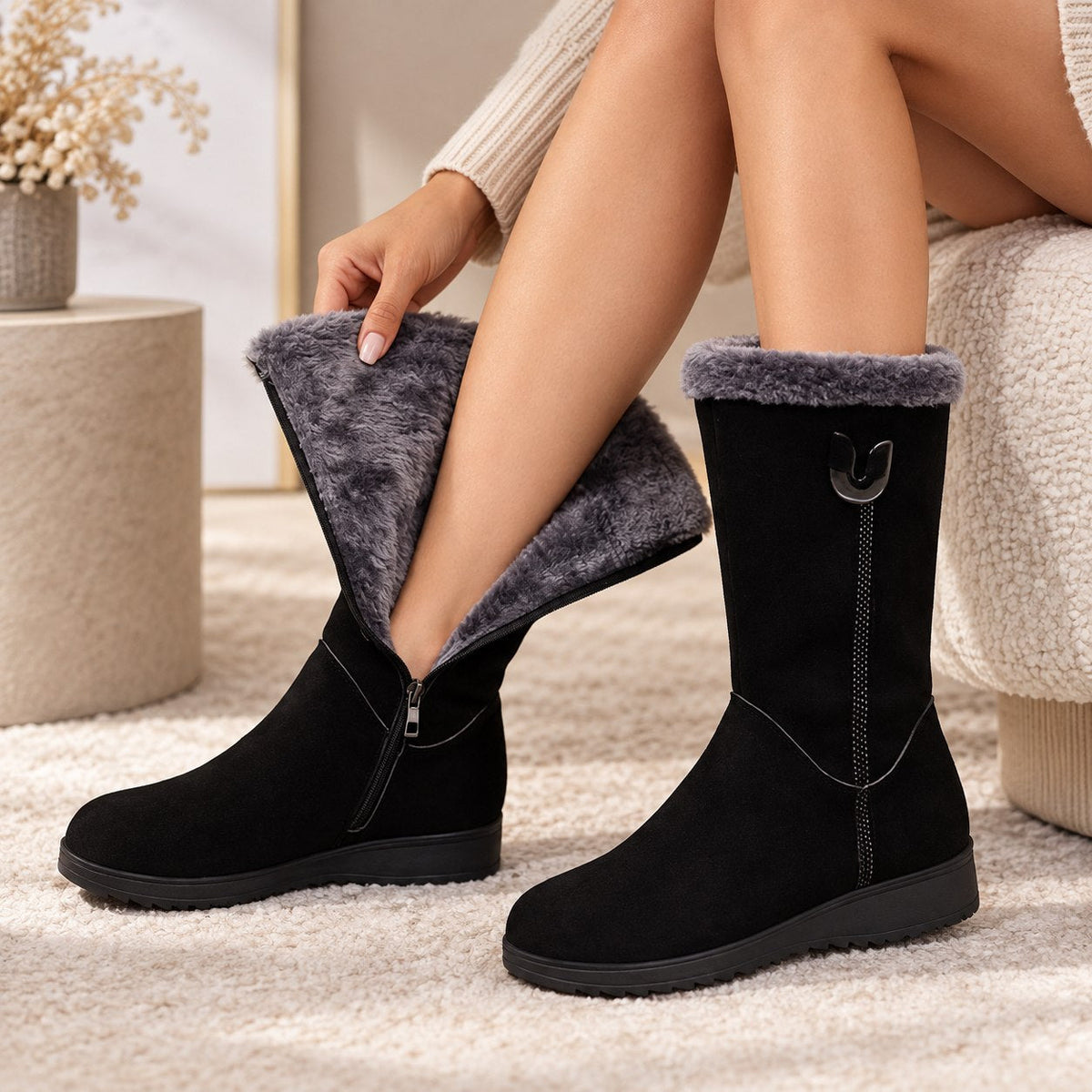 Women's Mid-Calf Snow Boots with Faux-Fur Cuffs and Slip-On Design