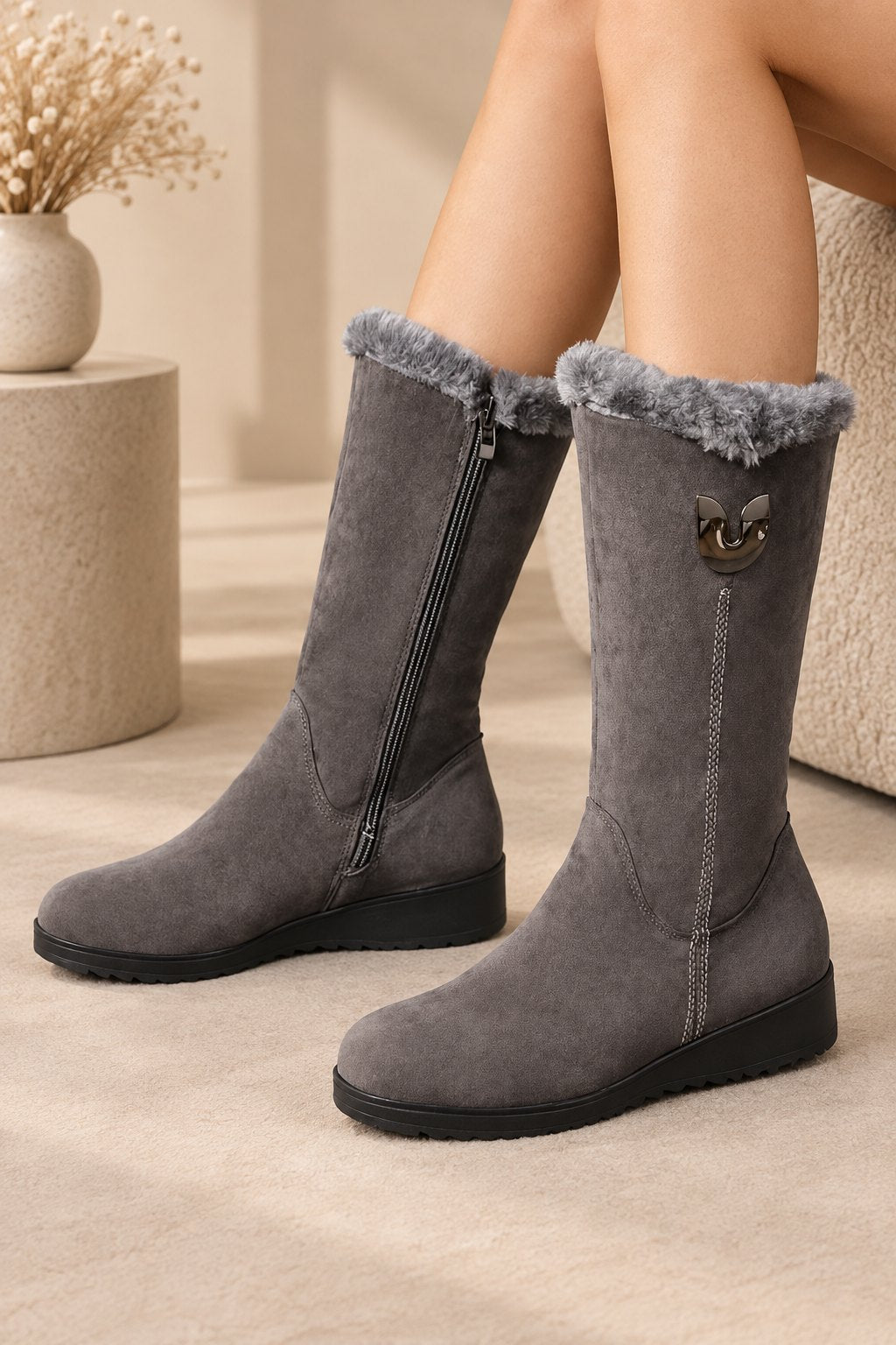 Women's Mid-Calf Snow Boots with Faux-Fur Cuffs and Slip-On Design