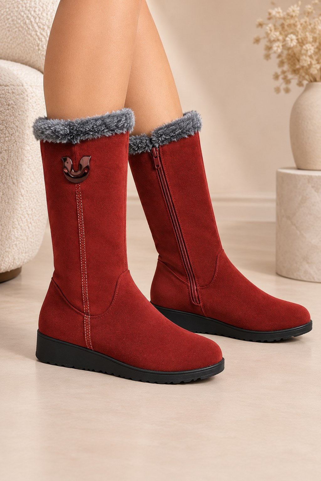 Women's Mid-Calf Snow Boots with Faux-Fur Cuffs and Slip-On Design
