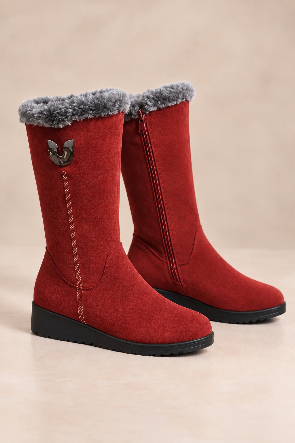 Women's Mid-Calf Snow Boots with Faux-Fur Cuffs and Slip-On Design