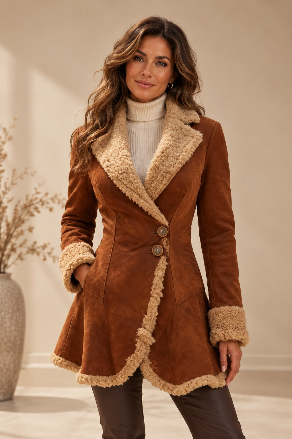 Women's Winter Coat with Fur Trim and Asymmetrical Hem