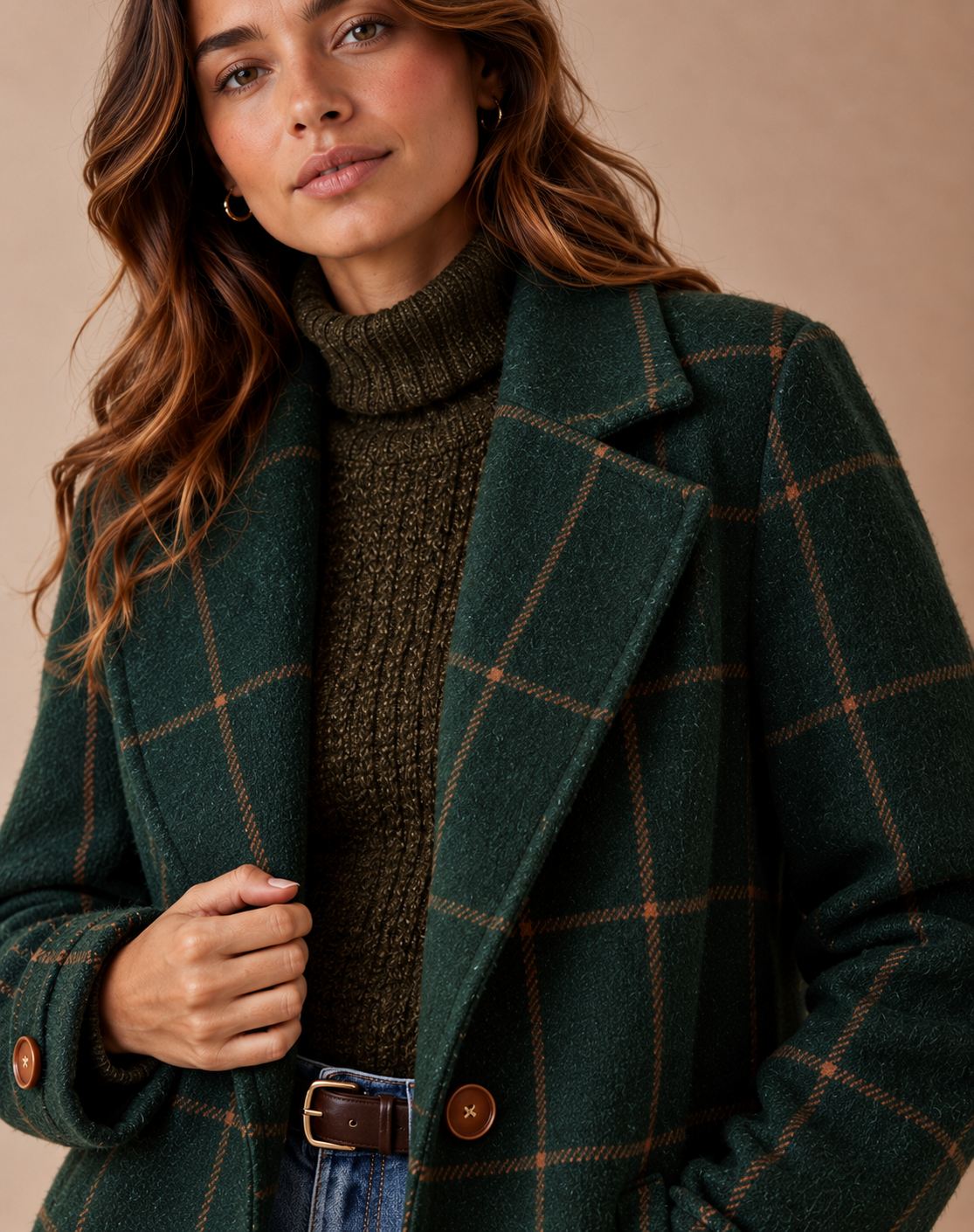 Women's Retro Wool Blend Plaid Tweed Coat with Lapel Collar