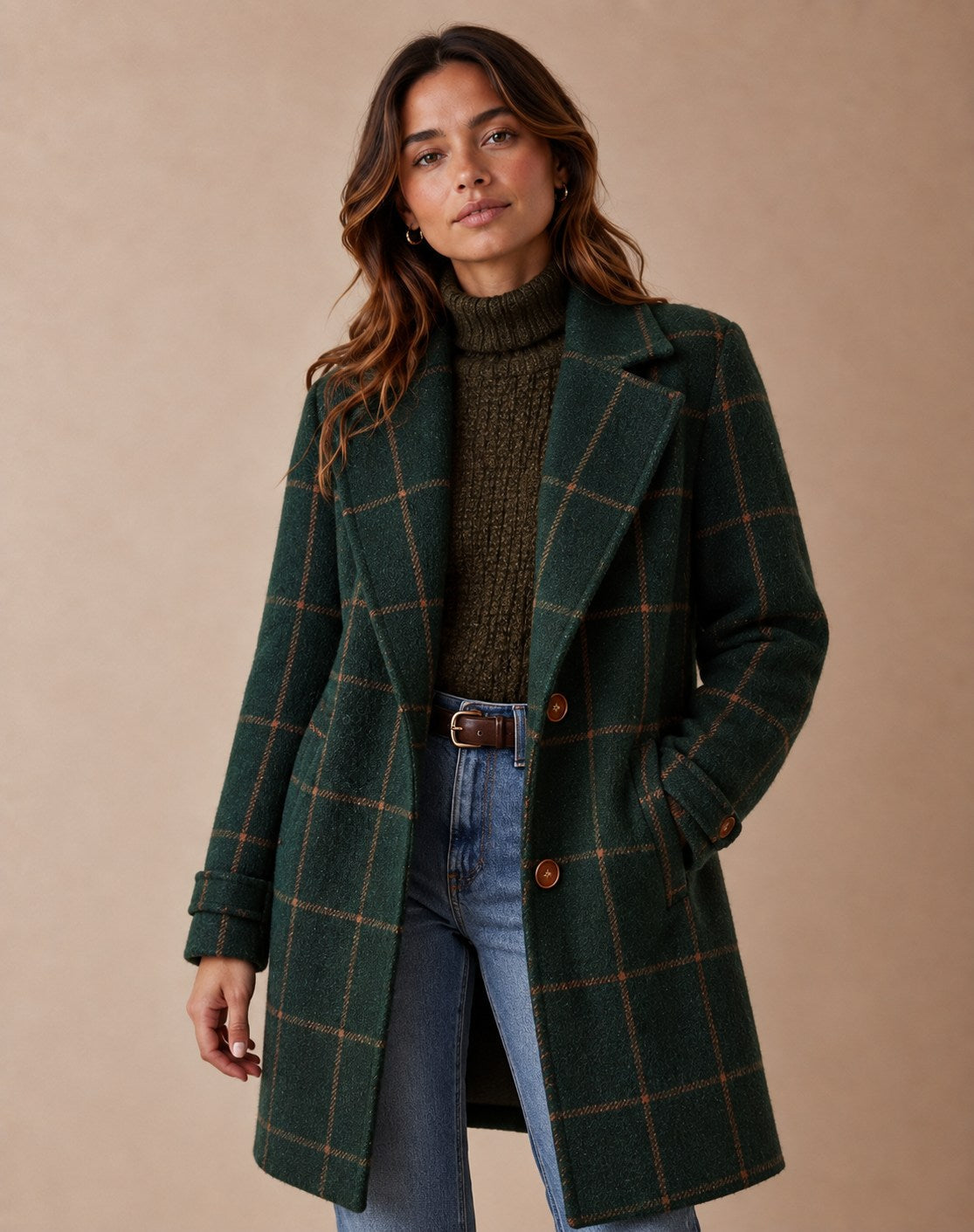 Women's Retro Wool Blend Plaid Tweed Coat with Lapel Collar