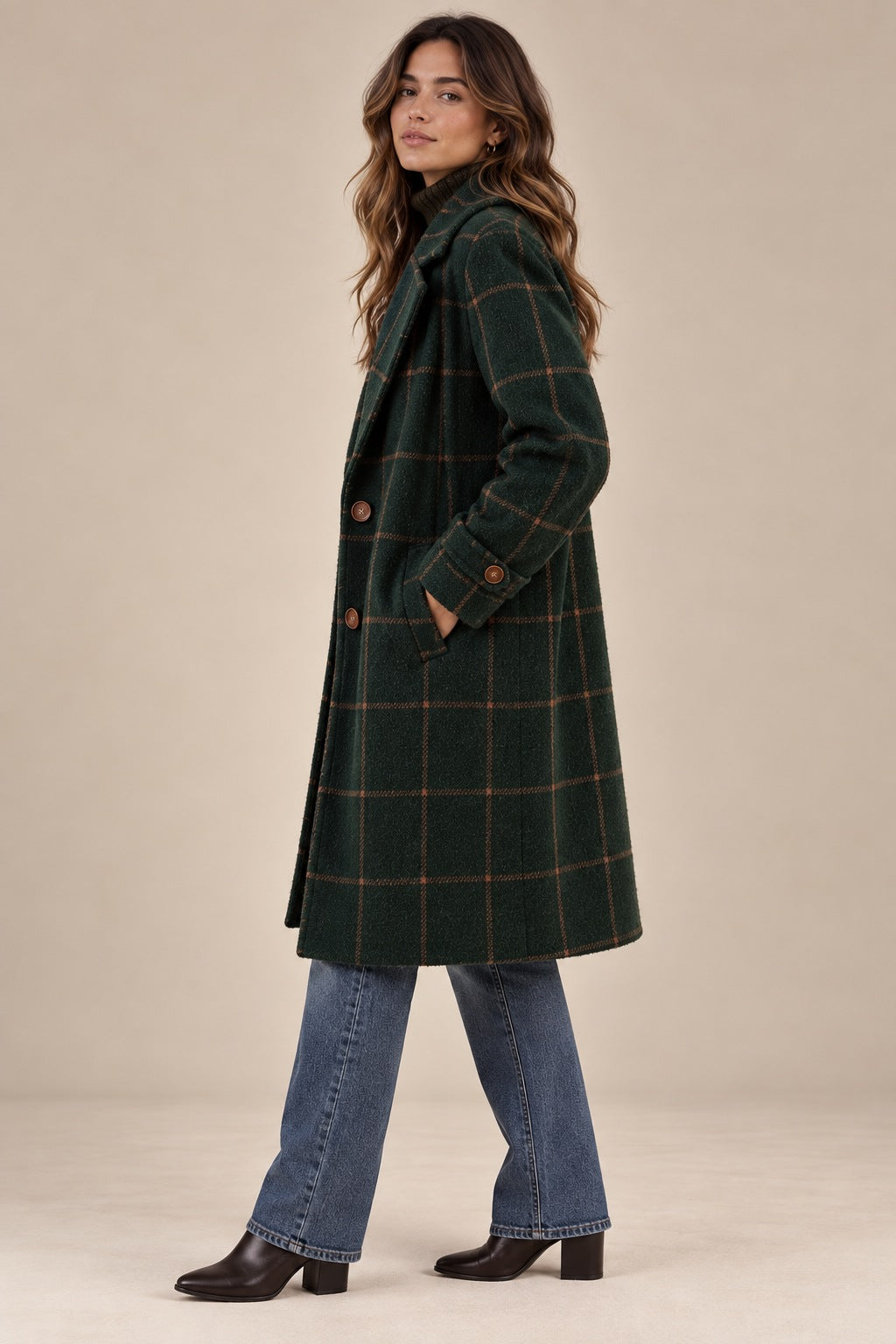 Women's Retro Wool Blend Plaid Tweed Coat with Lapel Collar