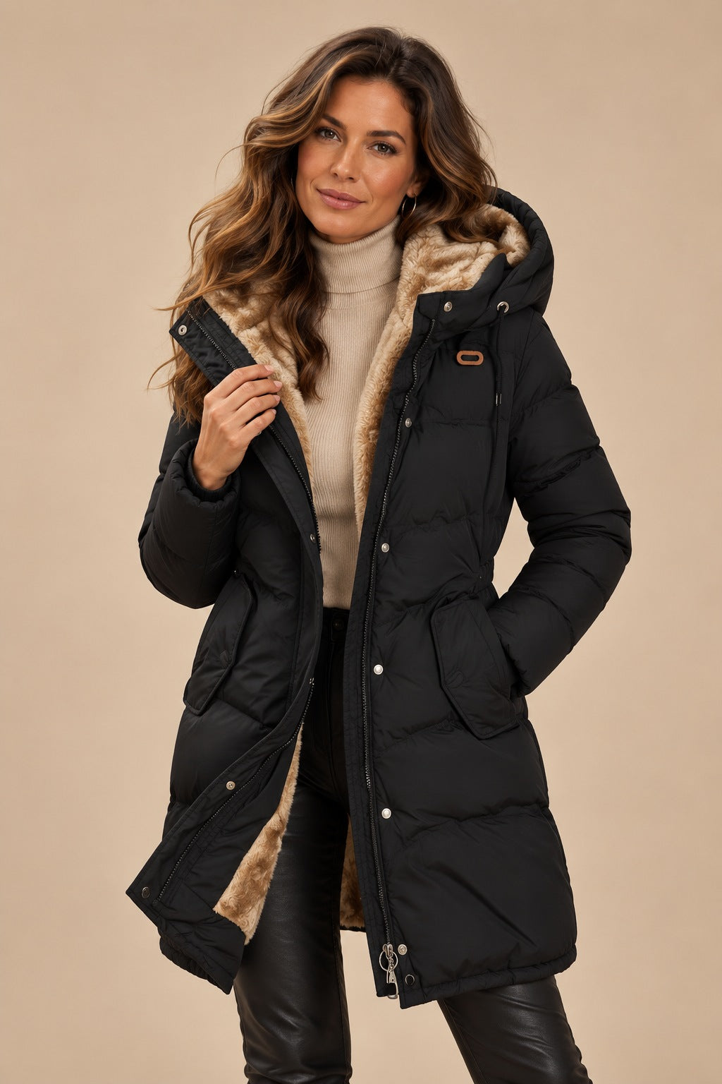 Women's Long Hooded Puffer Coat with Adjustable Drawstring Waist