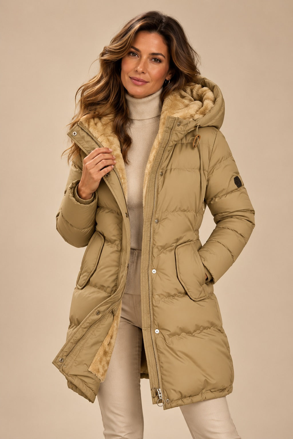 Women's Long Hooded Puffer Coat with Adjustable Drawstring Waist
