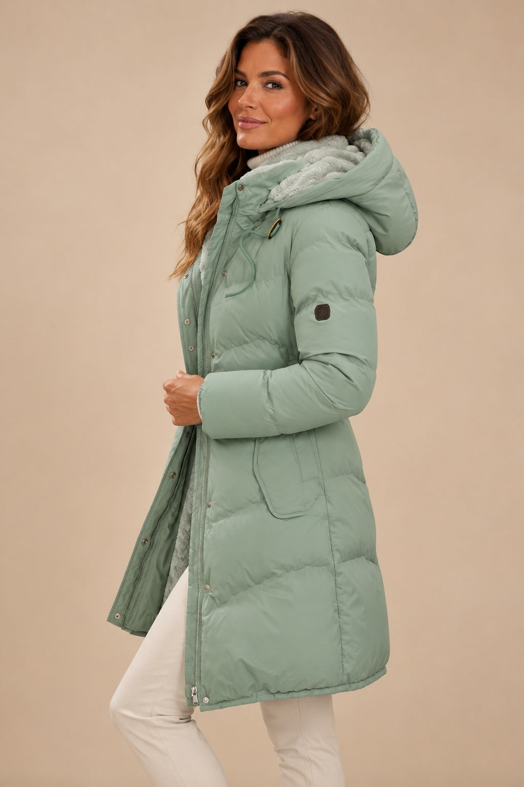 Women's Long Hooded Puffer Coat with Adjustable Drawstring Waist