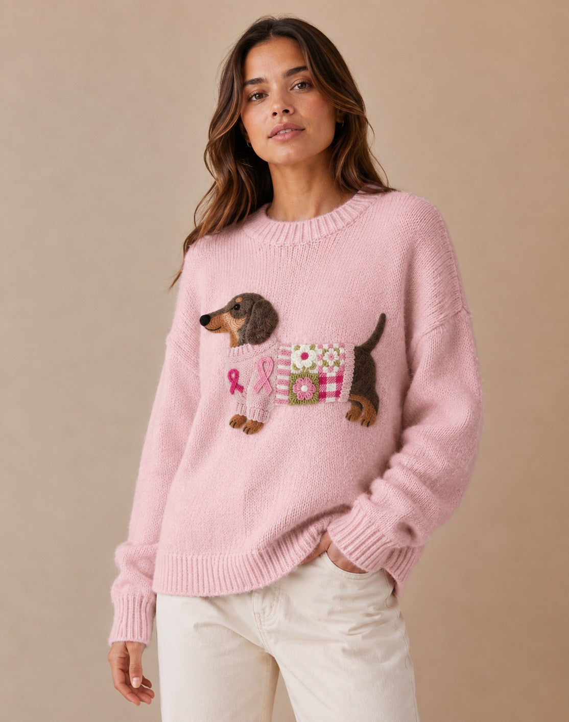 Women's Patchwork Knit Sweater with Dachshund Design